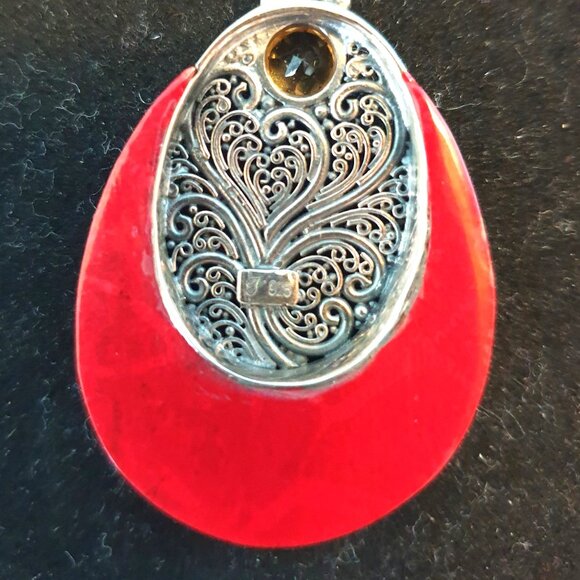 Bold Samuel B Sterling Silver Genuine Red Coral & Citrine Statement Pendant - Picture 4 of 10